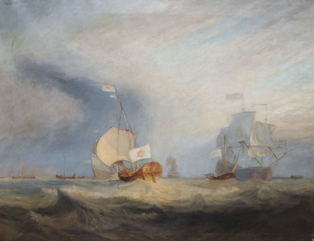 After Turner, oil on canvas, Von Trumps Barge, 92 x 126cm, unframed